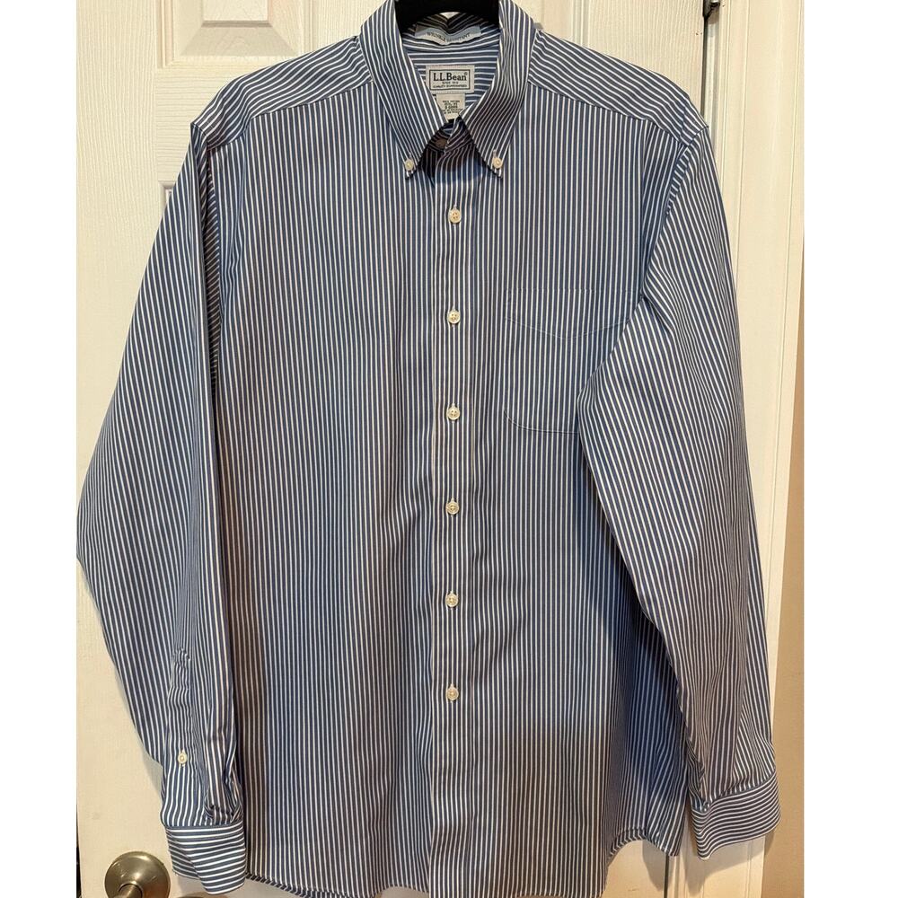 LL Beans Blue White Striped Button Down Shirt Size 15.5-35 Wrinkle Resistant